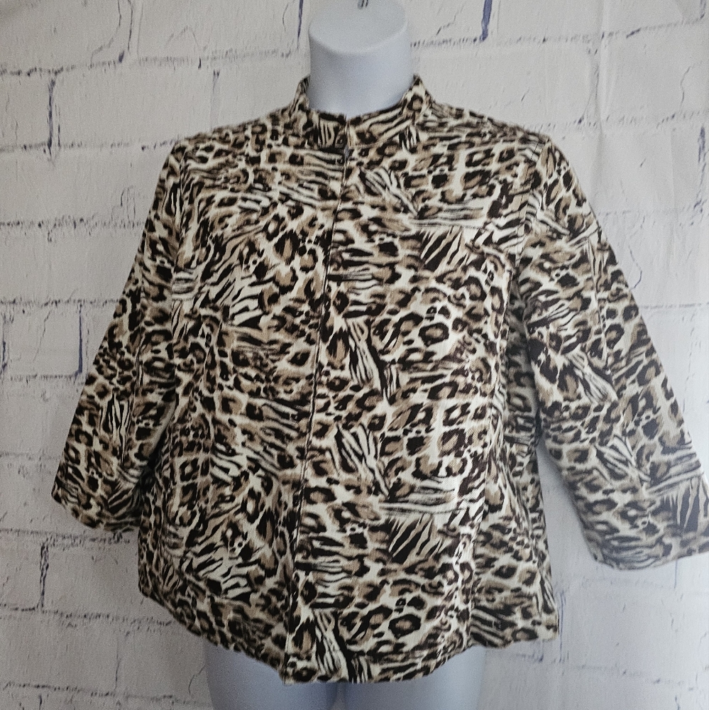 Chico's Additions Animal Print Nehru Jacket Size XL (3) 3/4 Sleeve Band Collar